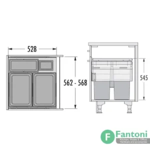 سطل چند منظوره توکار متصل به بدنه مدل هایلو یوروکارگواس سی جهت یونیت عرض 600mm فانتونی Q260 سطل بازیافت دوقلو با 4 مخزن جدا ریلی متصل به بدنه هایلو فانتونی Q260