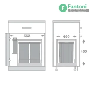 سطل چند منظوره توکار متصل به کف دو سطلی جهت یونیت عرض 600mm فانتونی Q760 سطل تفکیک زباله ریلی پهن فانتونی Q760